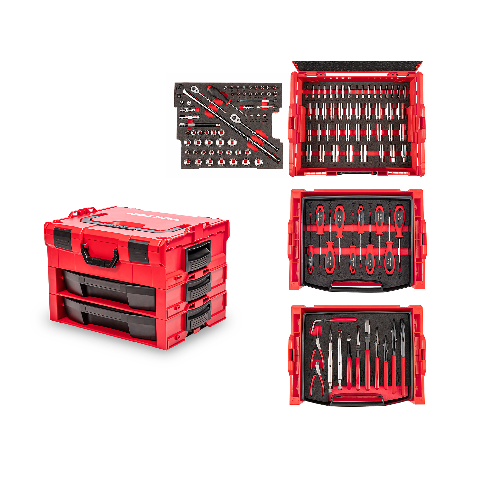TEKTON 1/4, 3/8 Inch Drive 6-Point Socket and Ratchet, Screwdriver, and Pliers Set in Modular Stacking Tool Box, 2-Drawer (127-Piece) | OLB99006